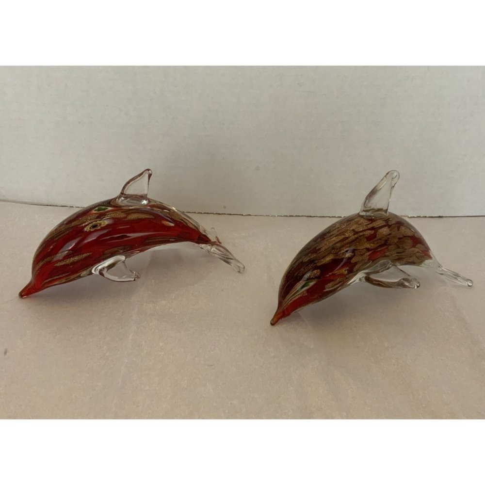 Handblown art Glass Dolphins set of 2 Millefiori and gold flecks